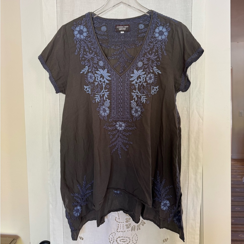 Johnny Was Workshop Top with Blue Embroidery
